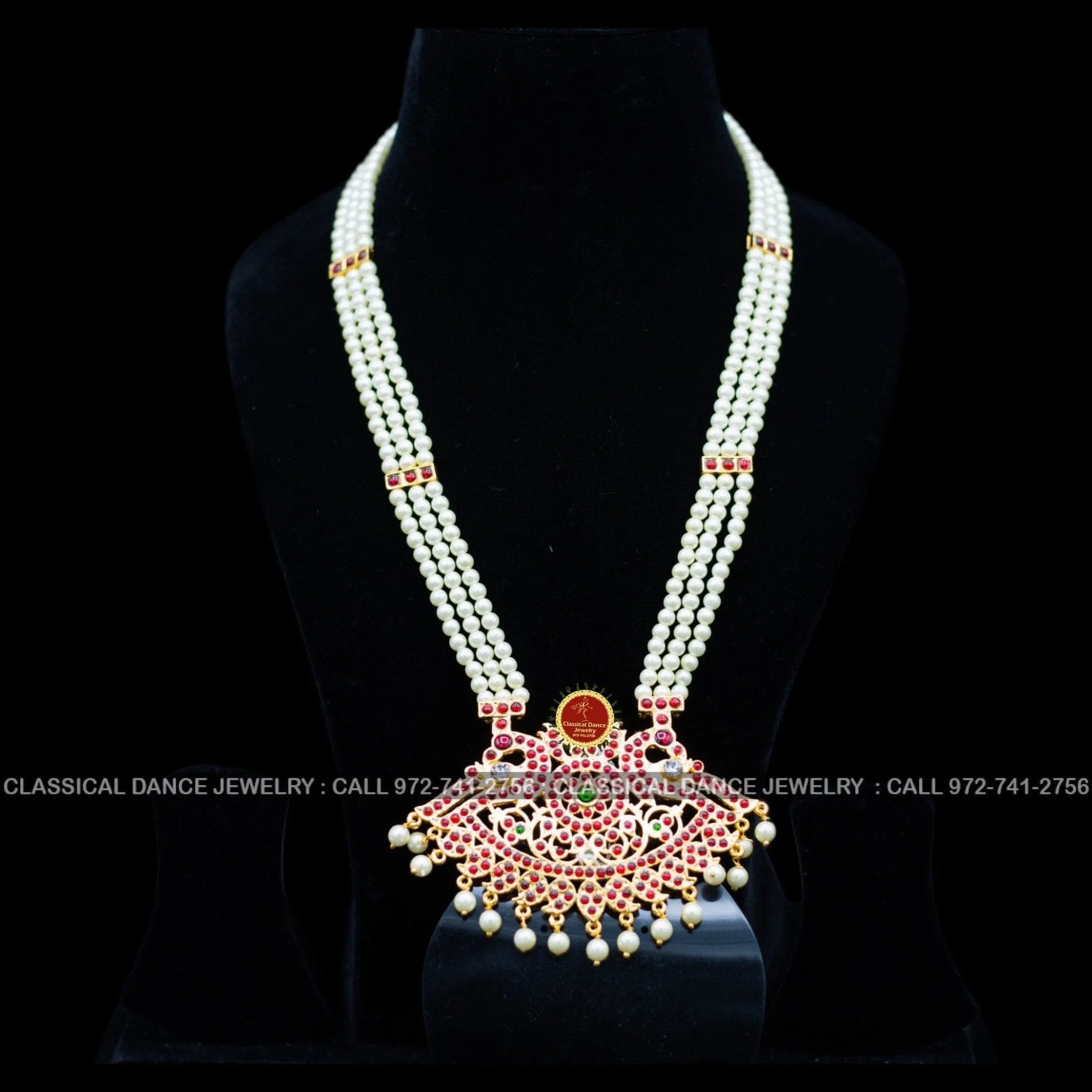 3 lines Long Pearl Haram Indian Jewelry | Open Peacock Style | Bharatnatyam Kuchipudi Parties Engagement Weddings | Classical Dance Jewelry