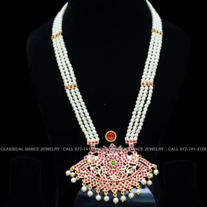 3 lines Long Pearl Haram Indian Jewelry | Open Peacock Style | Bharatnatyam Kuchipudi Parties Engagement Weddings | Classical Dance Jewelry