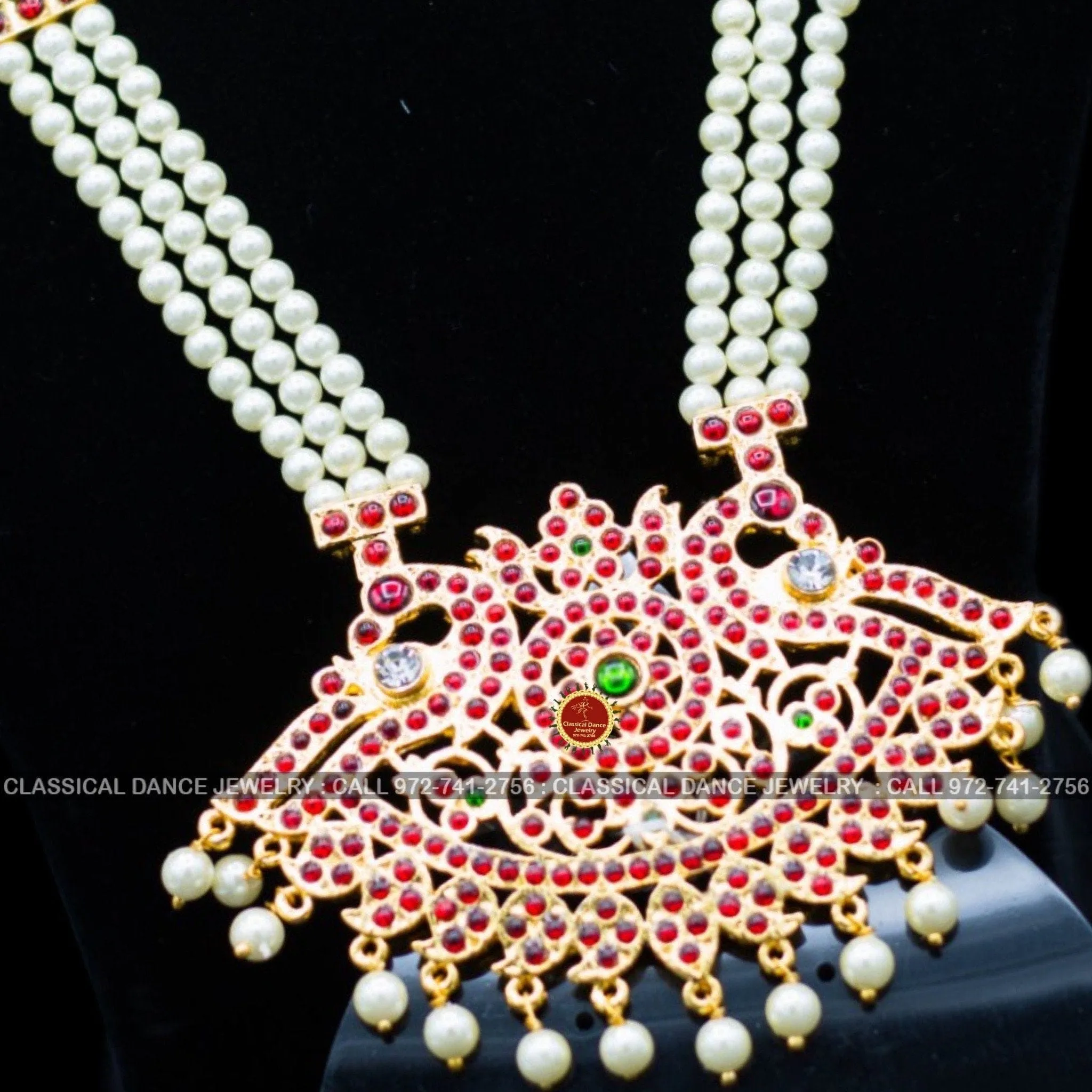3 lines Long Pearl Haram Indian Jewelry | Open Peacock Style | Bharatnatyam Kuchipudi Parties Engagement Weddings | Classical Dance Jewelry