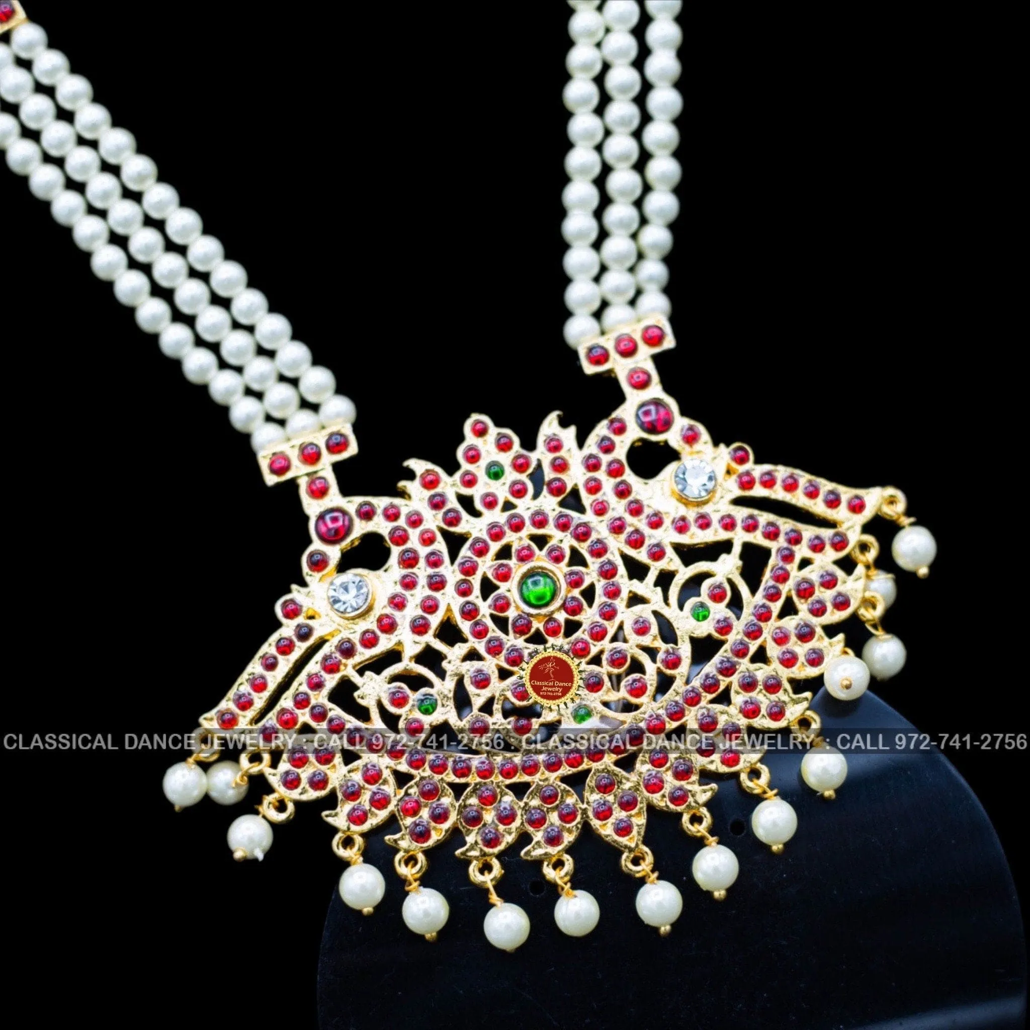 3 lines Long Pearl Haram Indian Jewelry | Open Peacock Style | Bharatnatyam Kuchipudi Parties Engagement Weddings | Classical Dance Jewelry