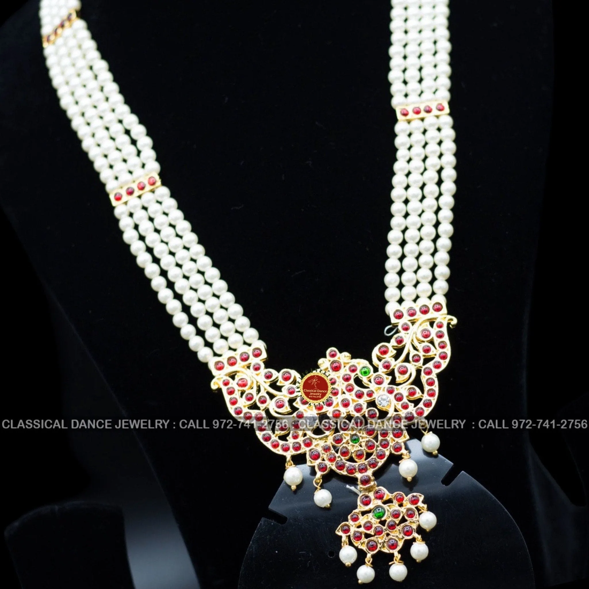 4 lines Long Pearl Haram Indian Jewelry | Open Peacock Style | Bharatnatyam Kuchipudi Parties Engagement Weddings | Classical Dance Jewelry