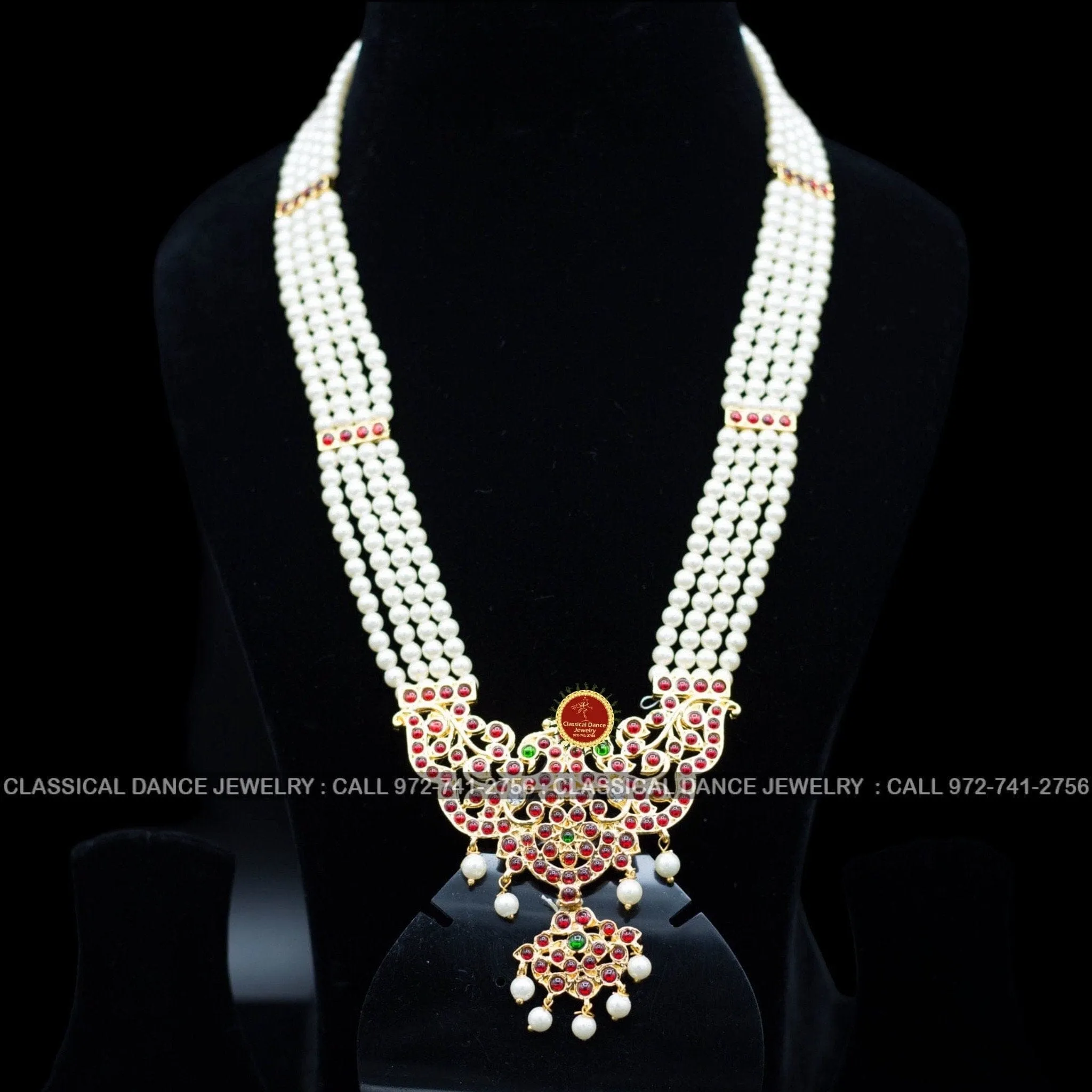 4 lines Long Pearl Haram Indian Jewelry | Open Peacock Style | Bharatnatyam Kuchipudi Parties Engagement Weddings | Classical Dance Jewelry