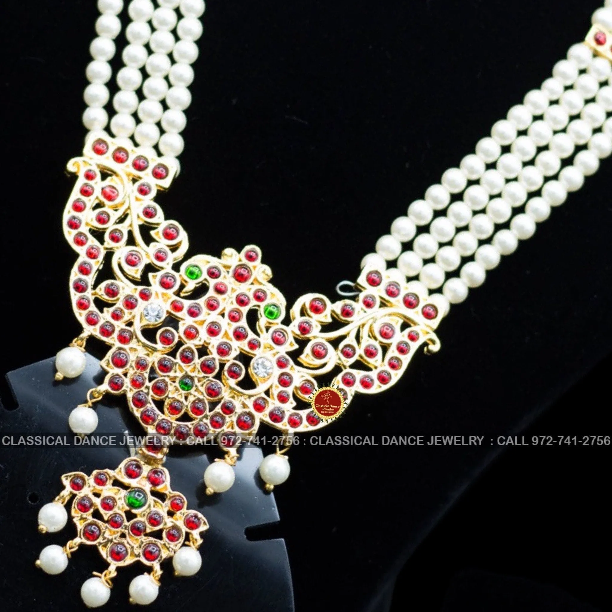 4 lines Long Pearl Haram Indian Jewelry | Open Peacock Style | Bharatnatyam Kuchipudi Parties Engagement Weddings | Classical Dance Jewelry
