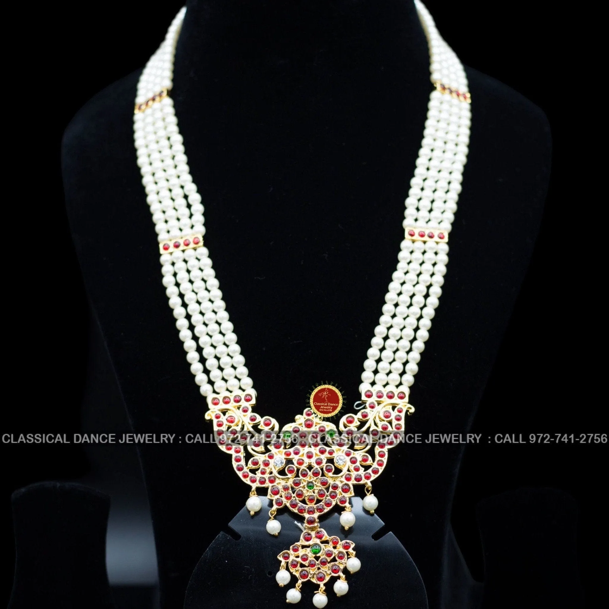 4 lines Long Pearl Haram Indian Jewelry | Open Peacock Style | Bharatnatyam Kuchipudi Parties Engagement Weddings | Classical Dance Jewelry
