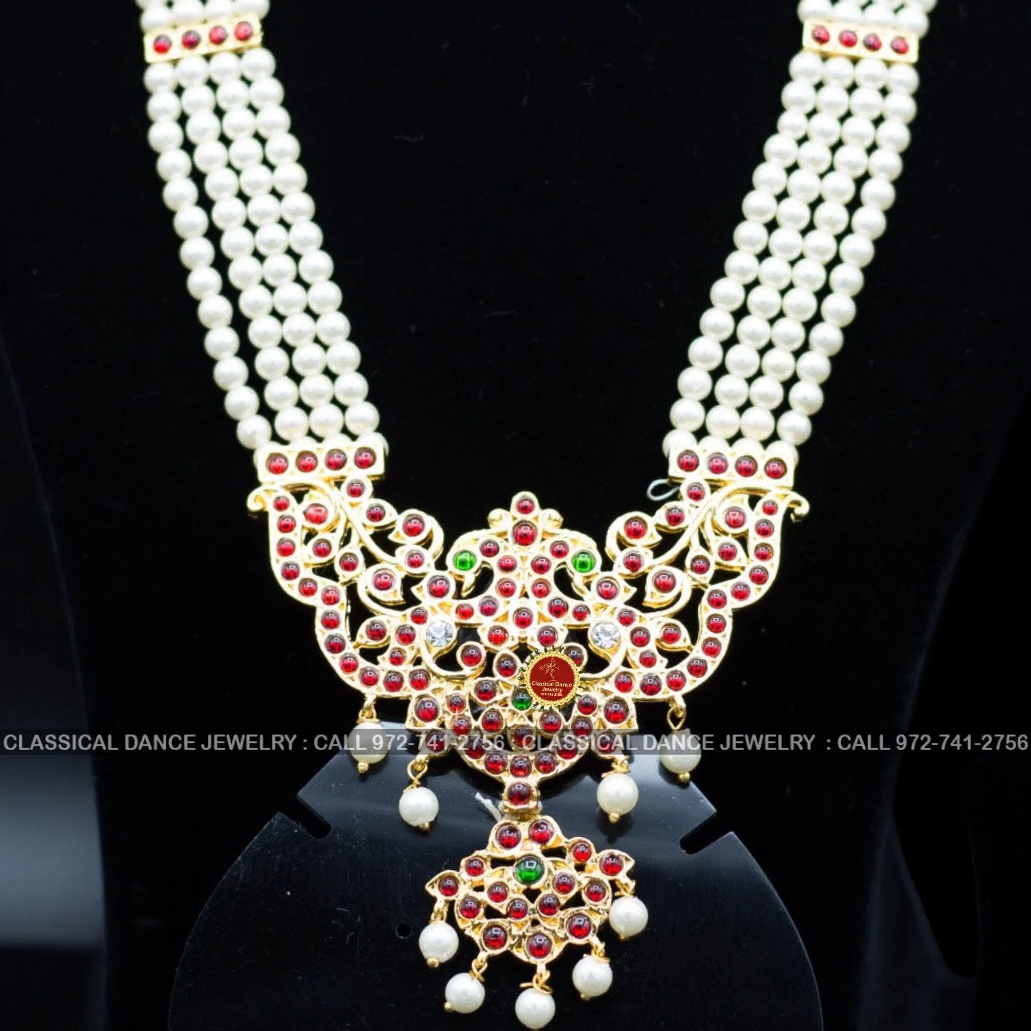 4 lines Long Pearl Haram Indian Jewelry | Open Peacock Style | Bharatnatyam Kuchipudi Parties Engagement Weddings | Classical Dance Jewelry