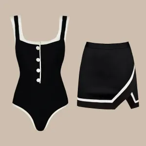 84Volt  Color Blocking Skrit Two Piece Swimsuit Set - As shown / S