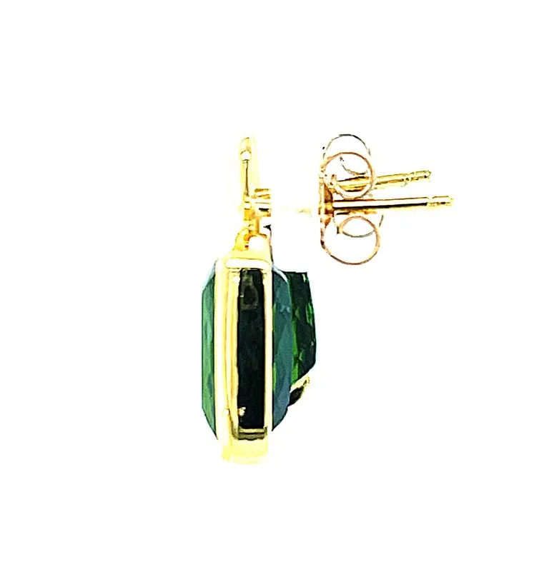 9.34 Carat Total Green Tourmaline Cushion Yellow Gold Bezel Post Drop Earrings