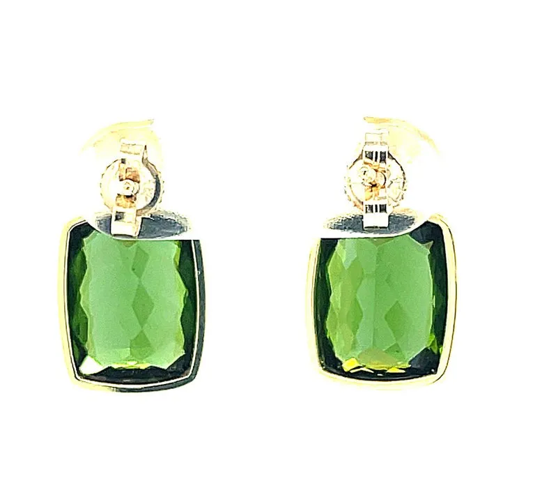 9.34 Carat Total Green Tourmaline Cushion Yellow Gold Bezel Post Drop Earrings