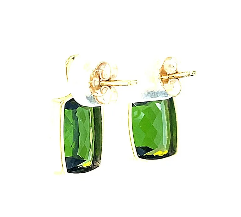 9.34 Carat Total Green Tourmaline Cushion Yellow Gold Bezel Post Drop Earrings