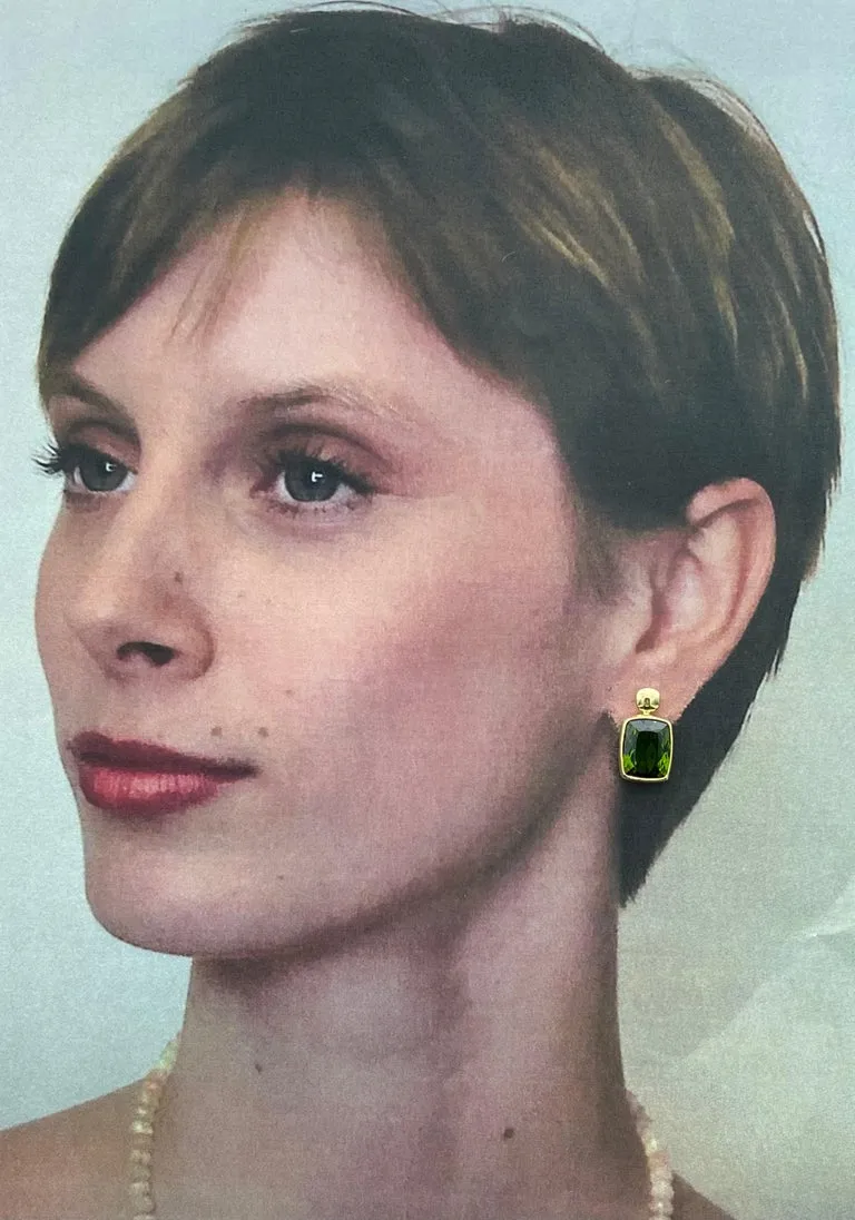 9.34 Carat Total Green Tourmaline Cushion Yellow Gold Bezel Post Drop Earrings