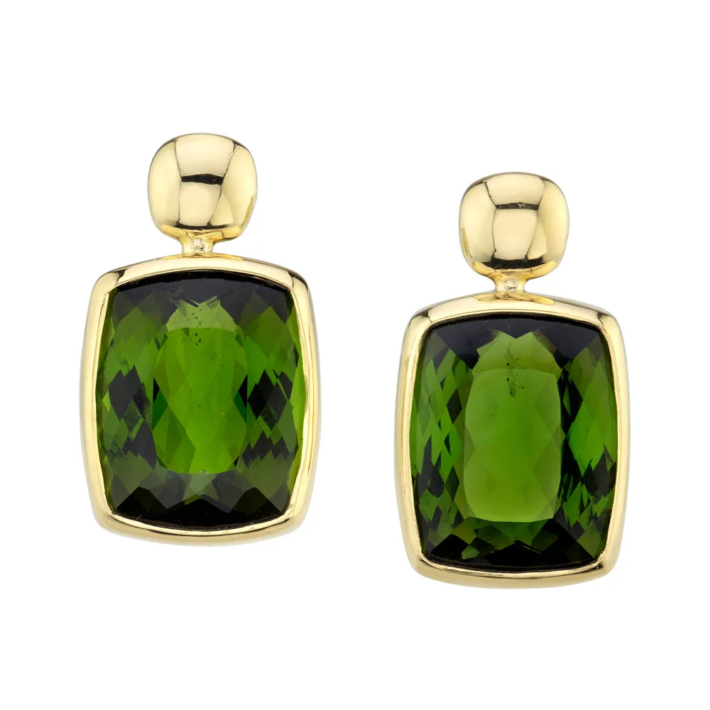 9.34 Carat Total Green Tourmaline Cushion Yellow Gold Bezel Post Drop Earrings