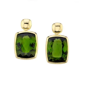 9.34 Carat Total Green Tourmaline Cushion Yellow Gold Bezel Post Drop Earrings