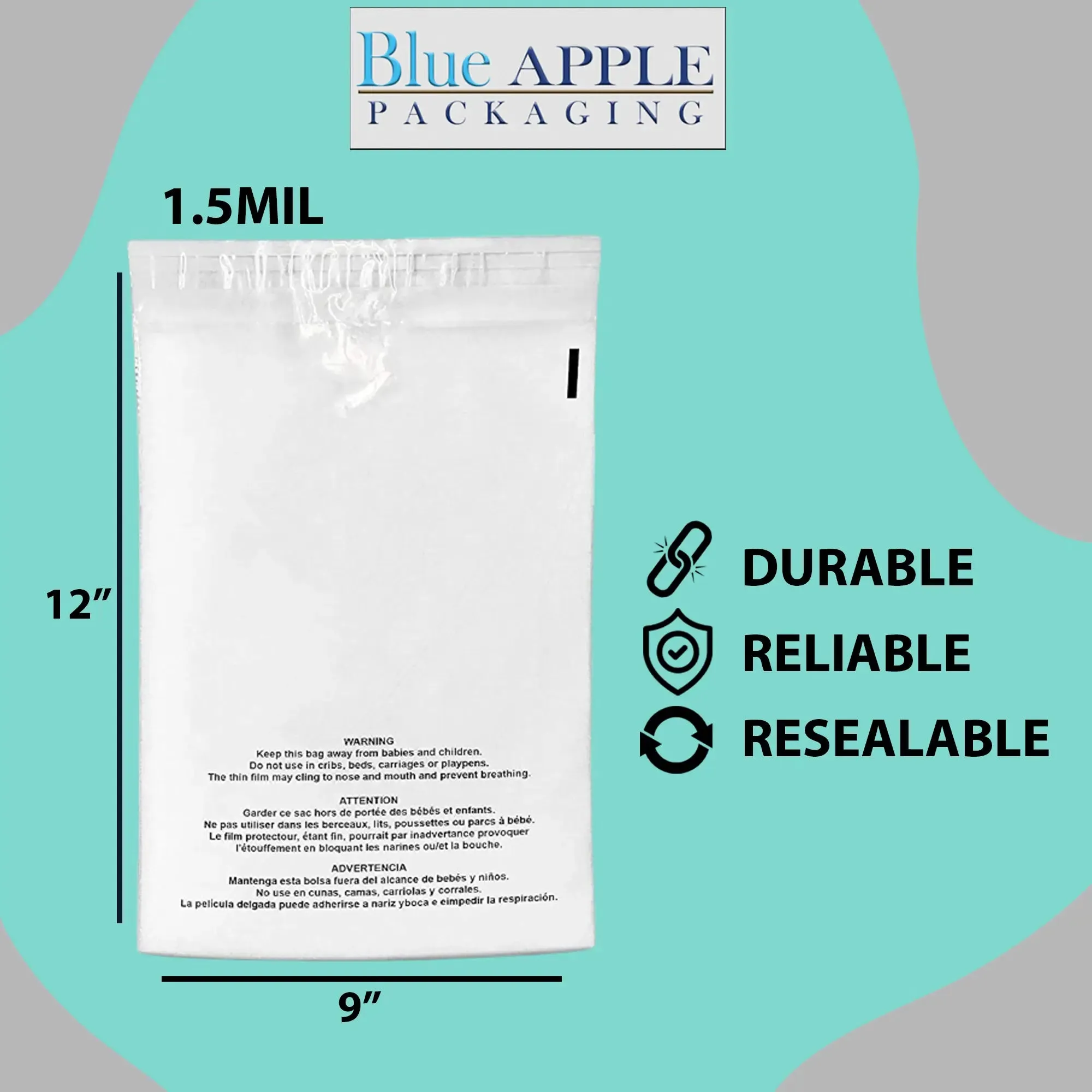 9X12 Inches Poly Bags With Suffocation Warning  1.5 Mil Lip and Tape