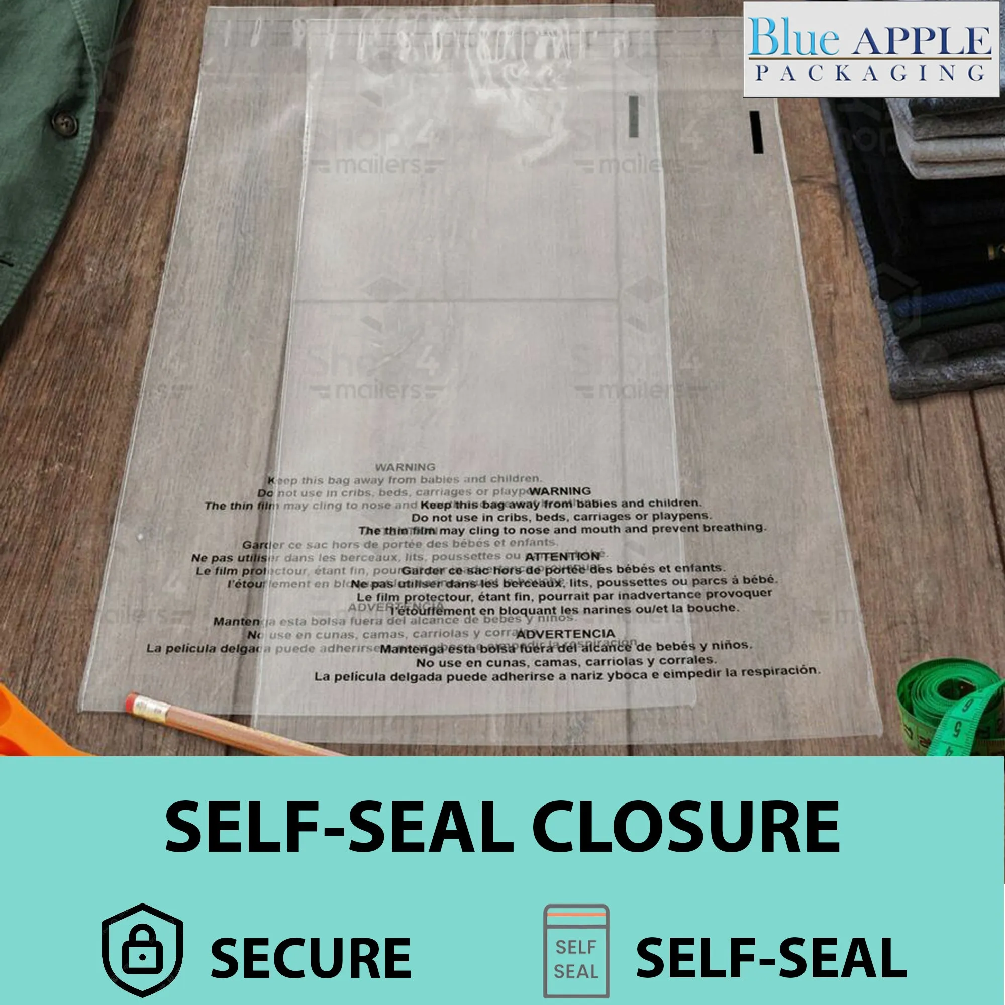 9X12 Inches Poly Bags With Suffocation Warning  1.5 Mil Lip and Tape
