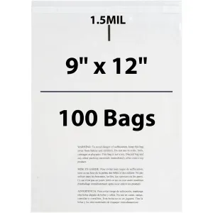 9X12 Inches Poly Bags With Suffocation Warning  1.5 Mil Lip and Tape