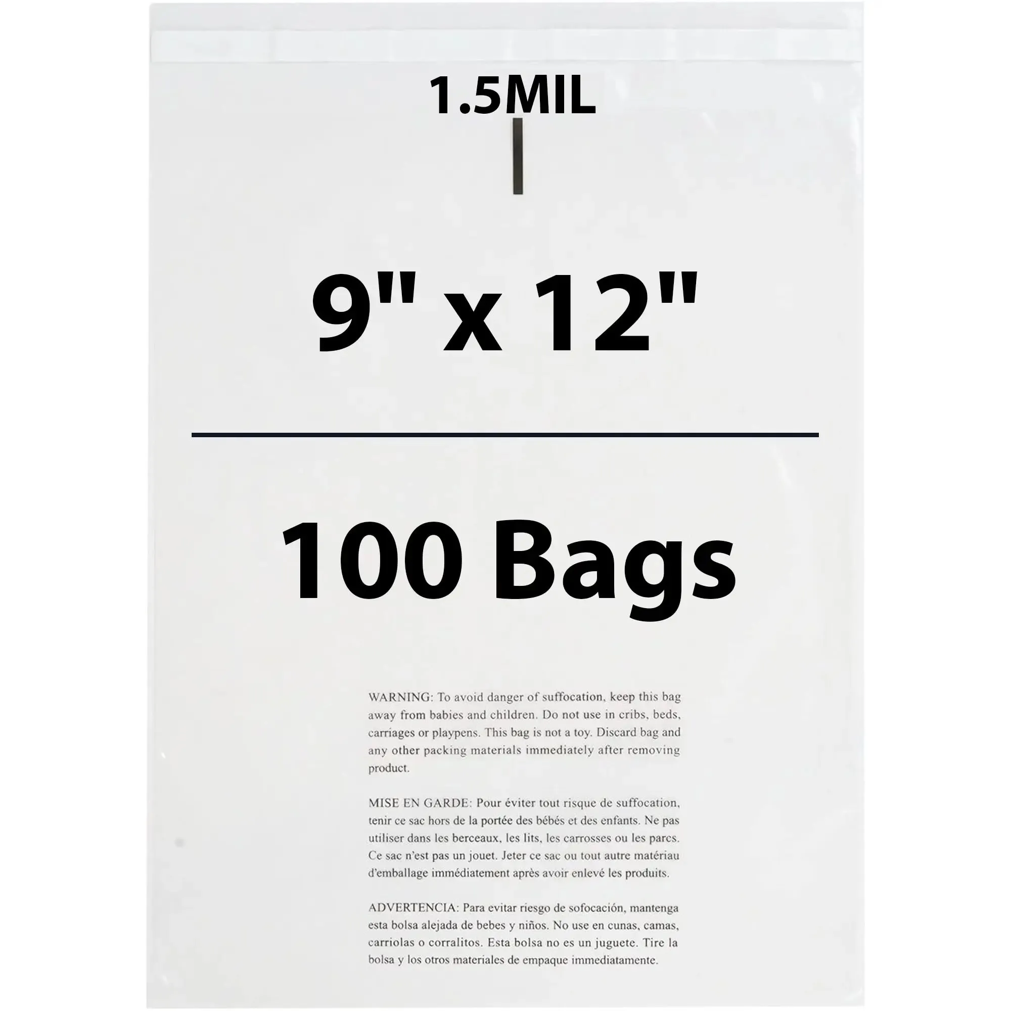 9X12 Inches Poly Bags With Suffocation Warning  1.5 Mil Lip and Tape
