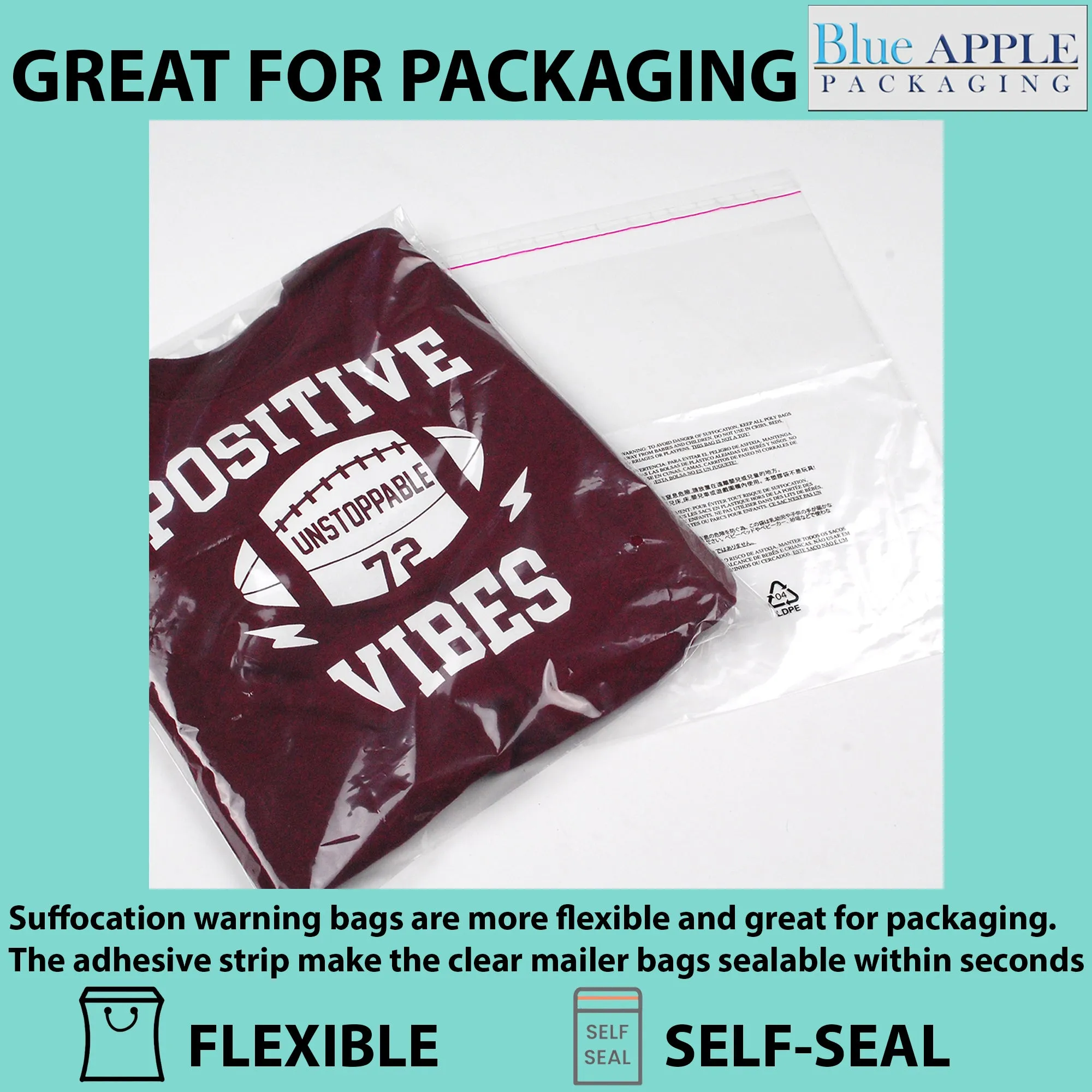 9X12 Inches Poly Bags With Suffocation Warning  1.5 Mil Lip and Tape