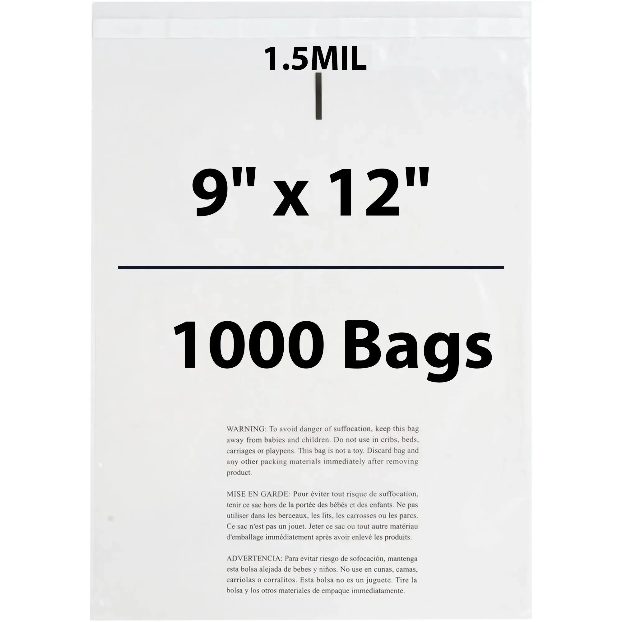 9X12 Inches Poly Bags With Suffocation Warning  1.5 Mil Lip and Tape