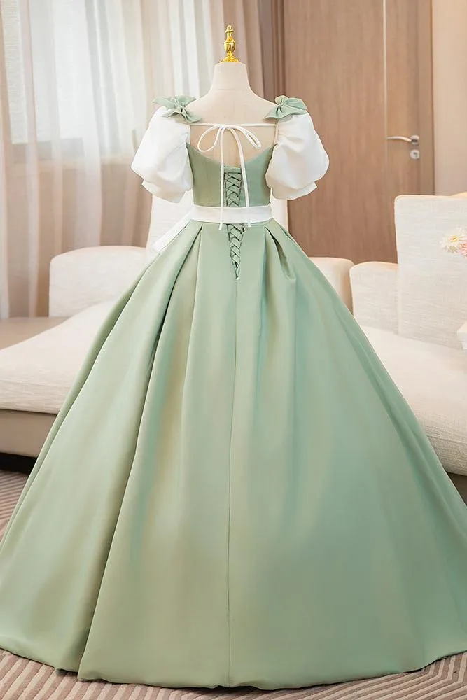 A Line Prom Dress Puff SleevSatin Green Long Sweet 16 Dress Evening Dress