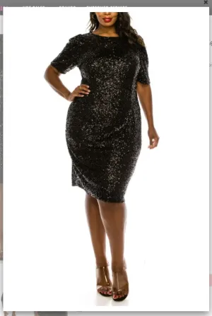 Adrianna Papell AP1E206239W Plus Size Black Sequins Short Evening Dress