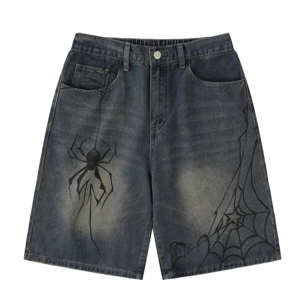 American Spider Print Denim Shorts