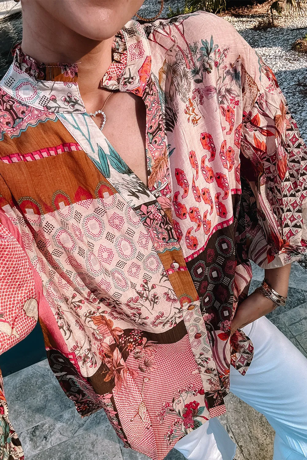 Auburn Boho Patchwork Bubble Sleeve Blouse