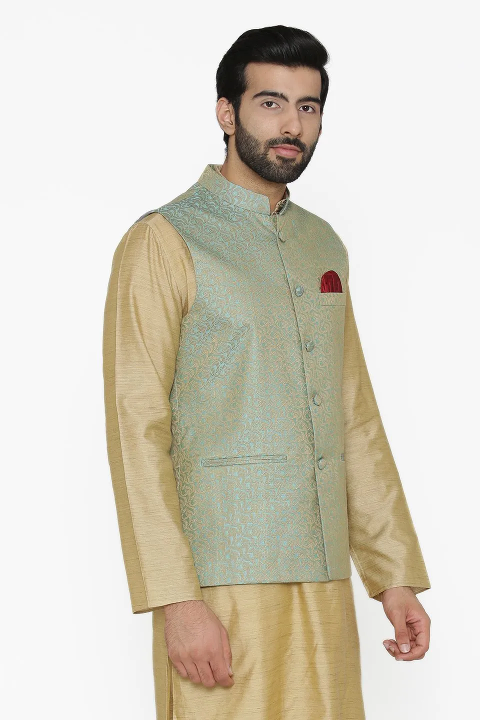 Banarasi Art Silk Cotton Blend Blue Modi Nehru Jacket