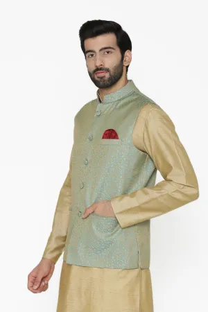 Banarasi Art Silk Cotton Blend Blue Modi Nehru Jacket