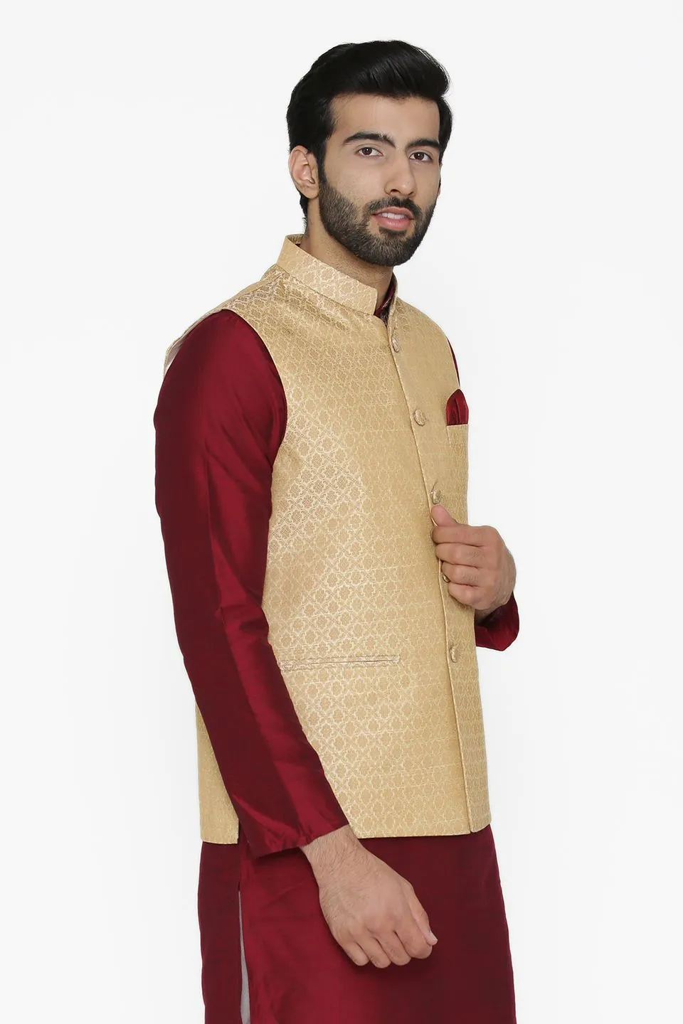 Banarasi Art Silk Cotton Blend Gold Modi Nehru Jacket
