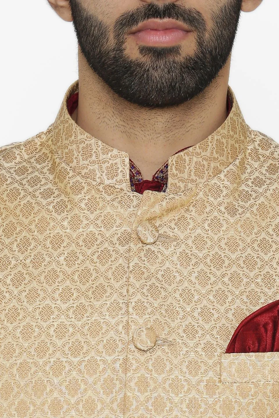 Banarasi Art Silk Cotton Blend Gold Modi Nehru Jacket