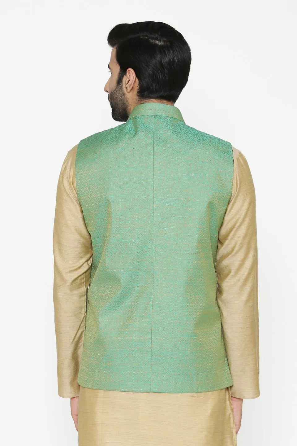 Banarasi Art Silk Cotton Blend Green Modi Nehru Jacket