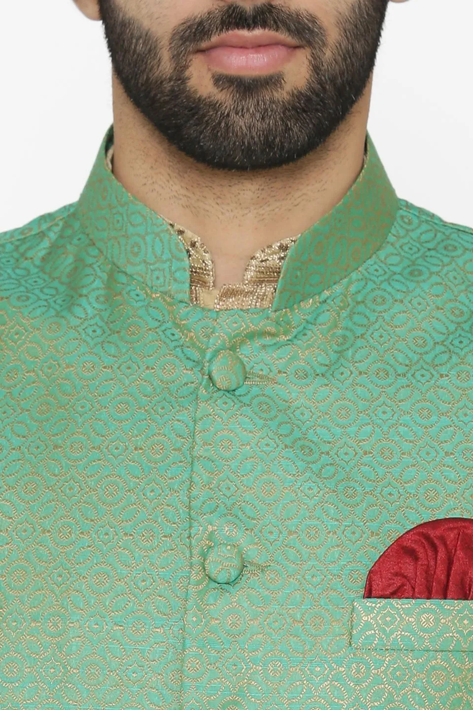 Banarasi Art Silk Cotton Blend Green Modi Nehru Jacket