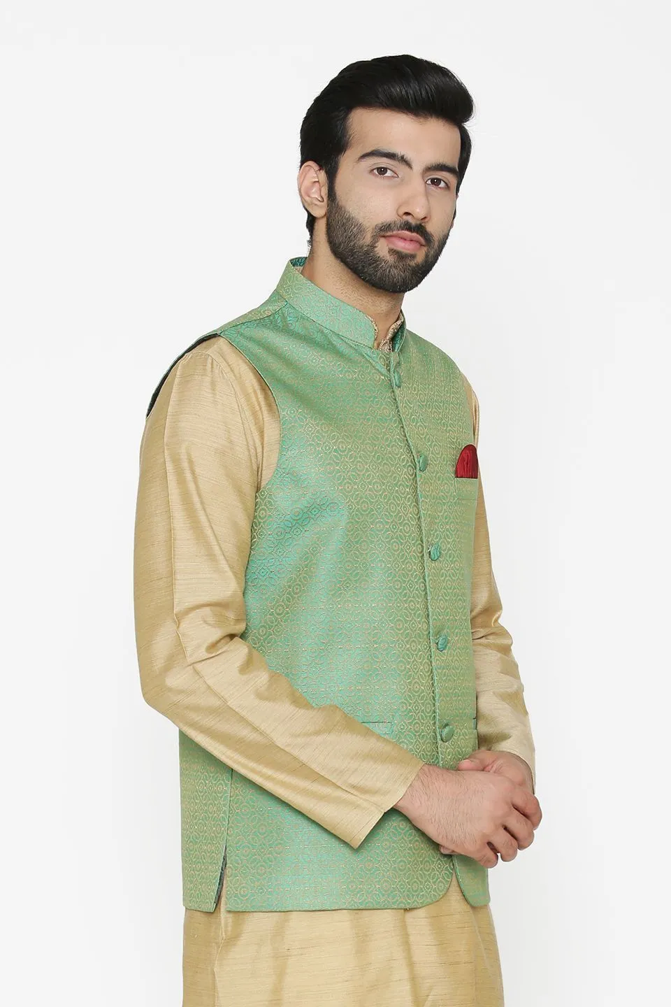 Banarasi Art Silk Cotton Blend Green Modi Nehru Jacket