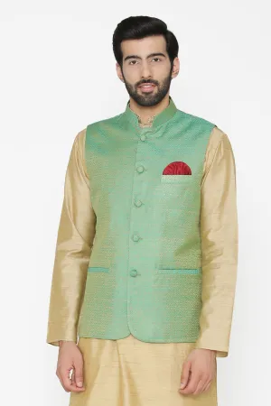 Banarasi Art Silk Cotton Blend Green Modi Nehru Jacket