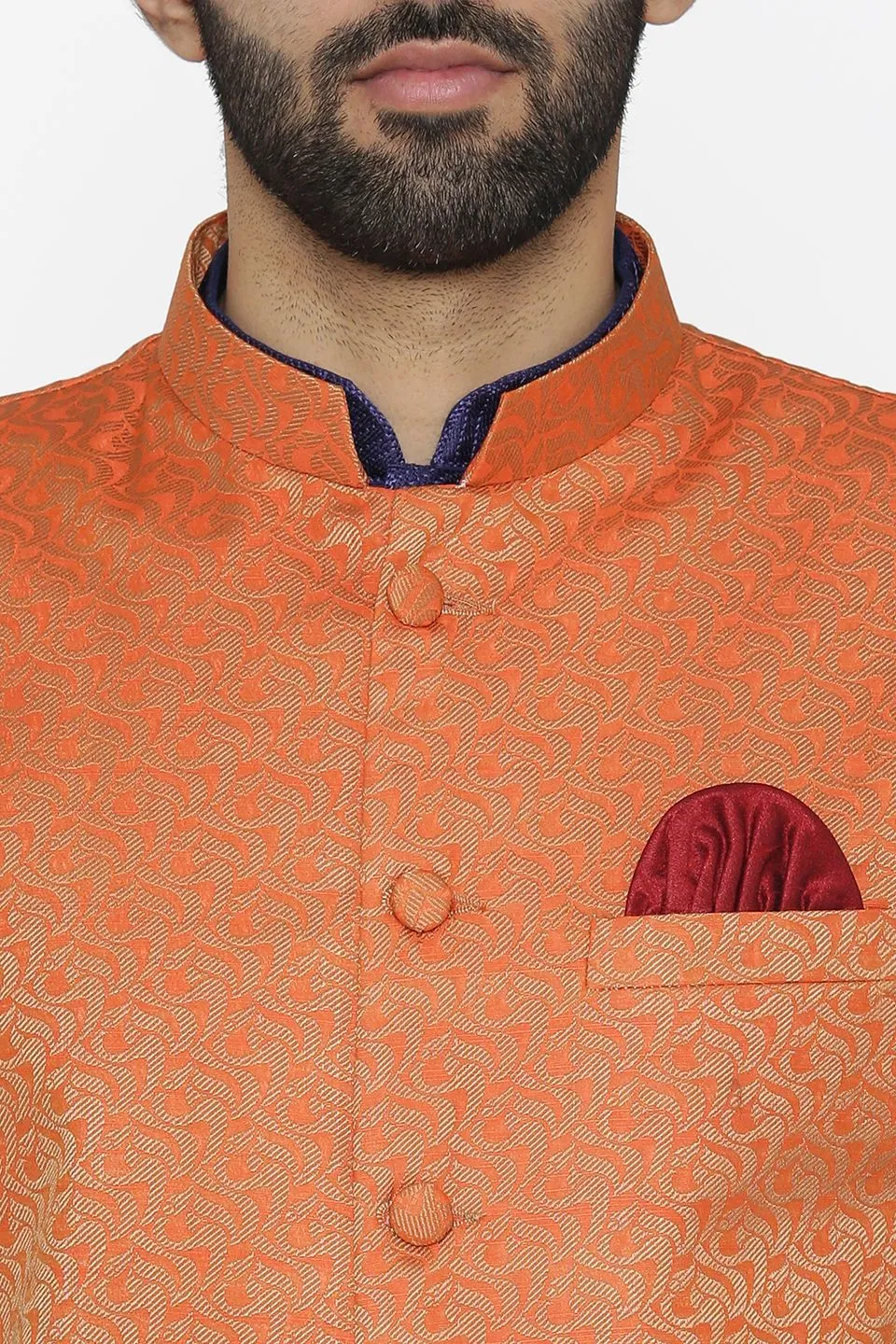 Banarasi Art Silk Cotton Blend Orange Modi Nehru Jacket
