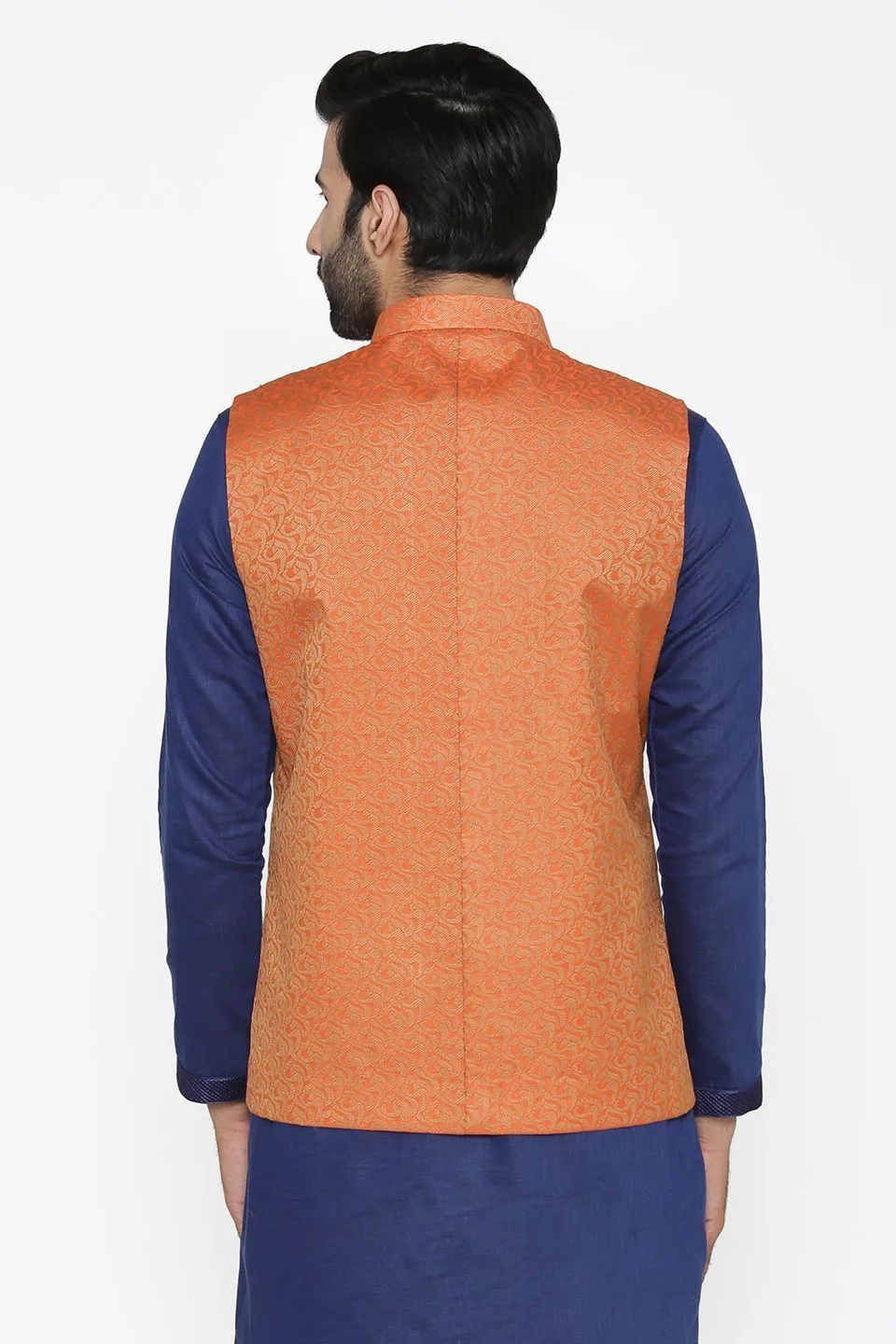 Banarasi Art Silk Cotton Blend Orange Modi Nehru Jacket
