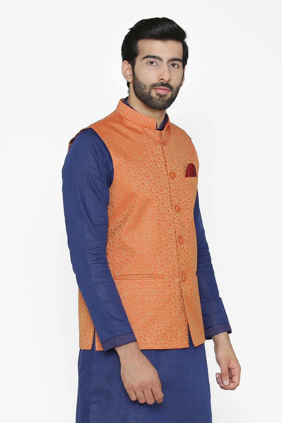 Banarasi Art Silk Cotton Blend Orange Modi Nehru Jacket