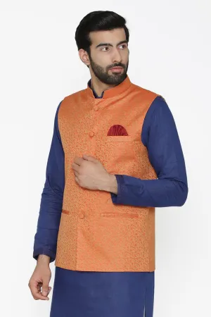Banarasi Art Silk Cotton Blend Orange Modi Nehru Jacket