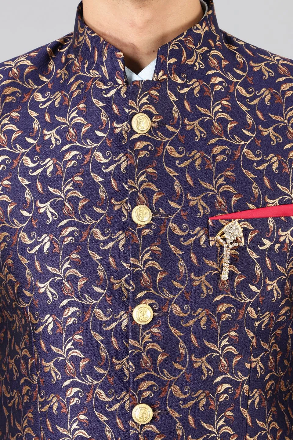 Banarasi Rayon Cotton Blue Bandhgala