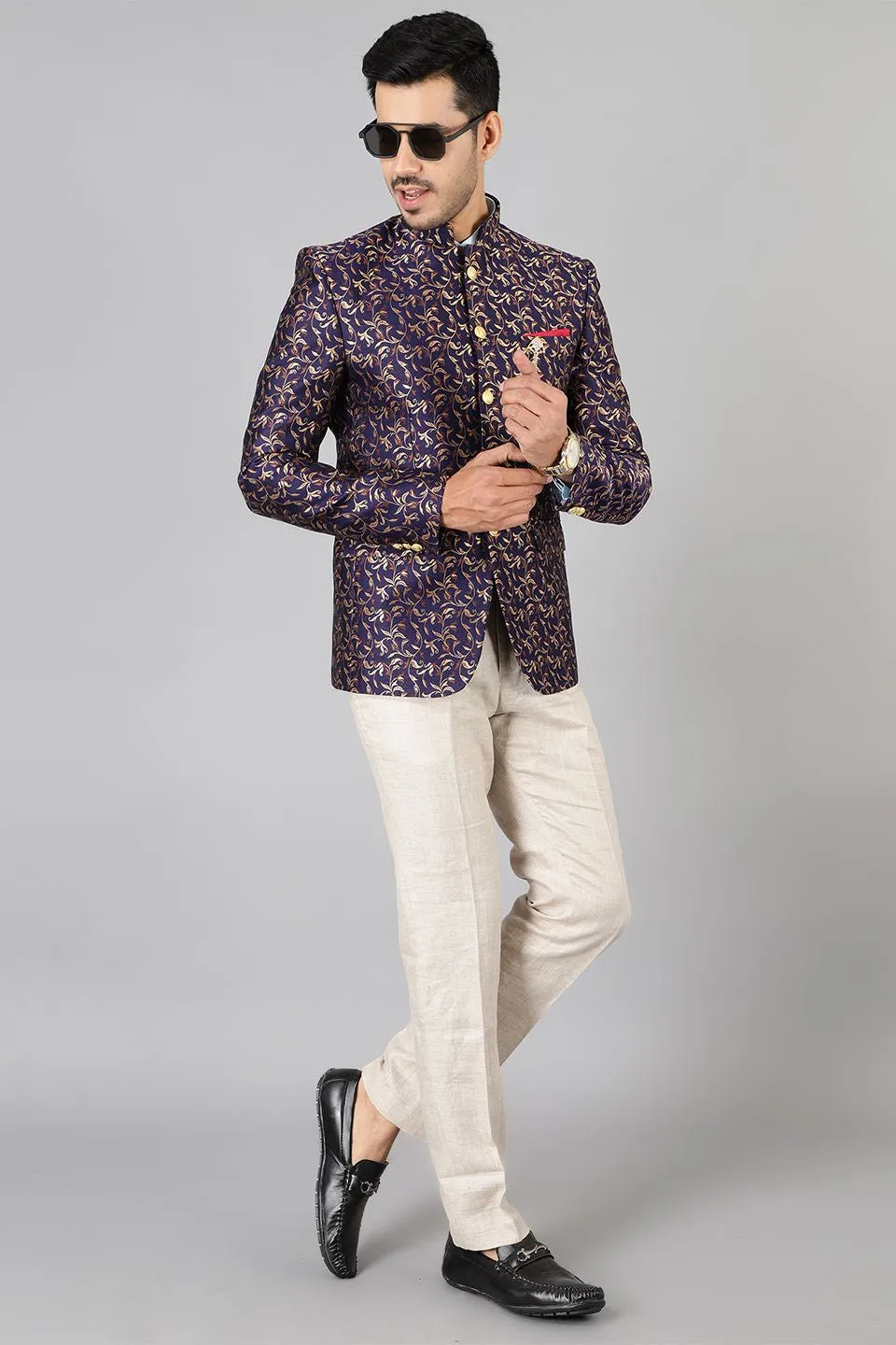 Banarasi Rayon Cotton Blue Bandhgala