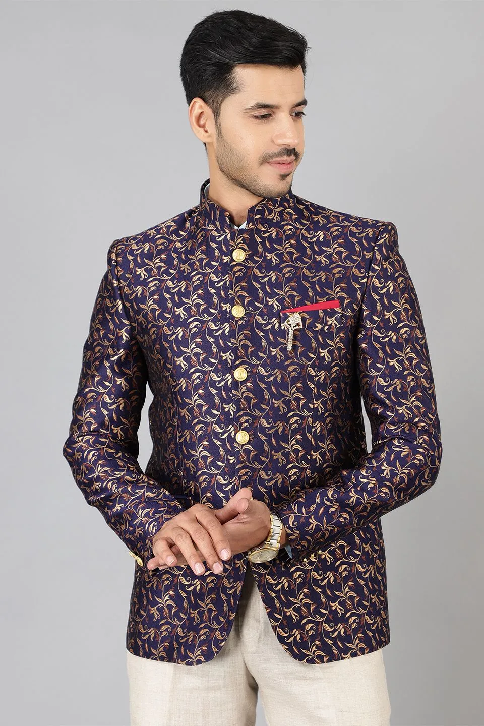 Banarasi Rayon Cotton Blue Bandhgala