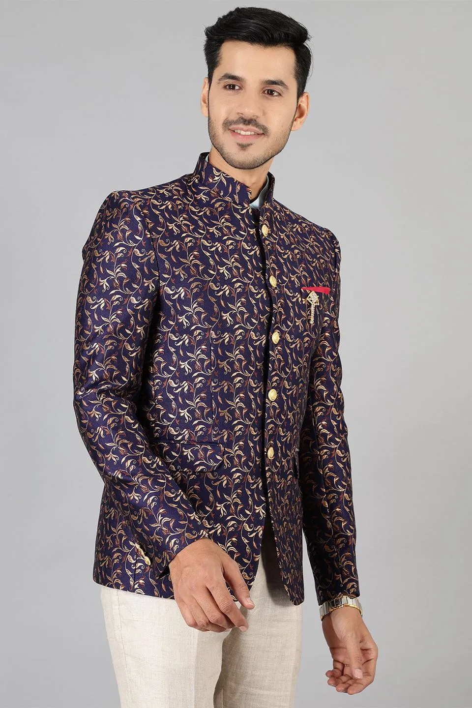 Banarasi Rayon Cotton Blue Bandhgala