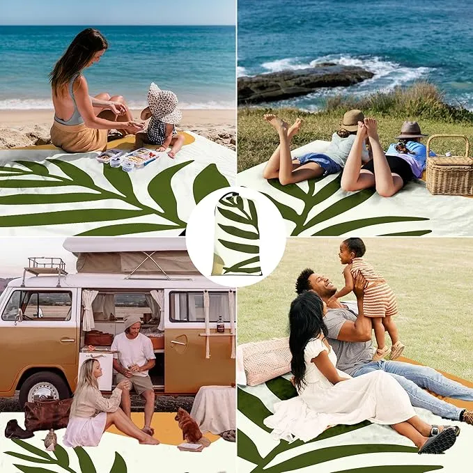 Beach Blanket, Waterproof Sandproof Beach Mat Oversized, 110''×118'' 4-8 Adults Extra Large Picnic Blanket with 4 Stakes for Outdoor, Travel, Camping