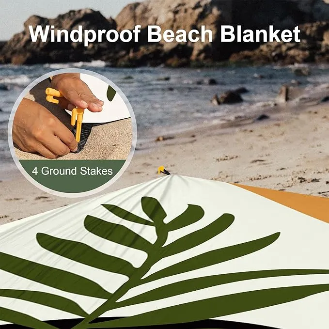 Beach Blanket, Waterproof Sandproof Beach Mat Oversized, 110''×118'' 4-8 Adults Extra Large Picnic Blanket with 4 Stakes for Outdoor, Travel, Camping