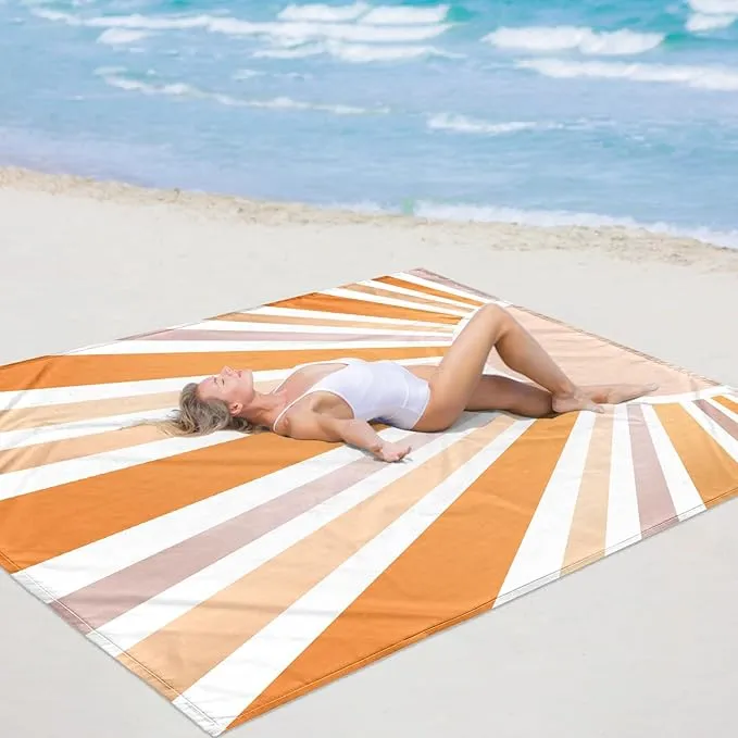 Beach Blanket Waterproof Sandproof Oversized, 9 Ft X 10 Ft Extra Large Beach Mat Sand Free Waterproof for 8 Adult, Lightweight & Compact Polyester Picnic Blankets w/Stakes & Corner Pockets-Boho Sun