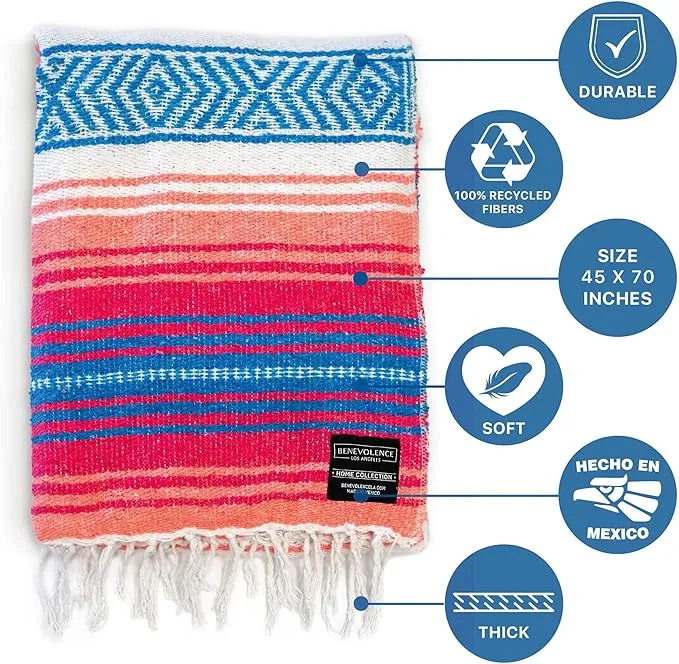 Benevolence LA Authentic Handwoven Mexican Blanket, Yoga Blanket - Perfect Outdoor Picnic Blanket, Beach Blanket, Camping Blanket, Equestrian Saddle Blanket, Serape Blanket 50x70 inches - 1 Blanket