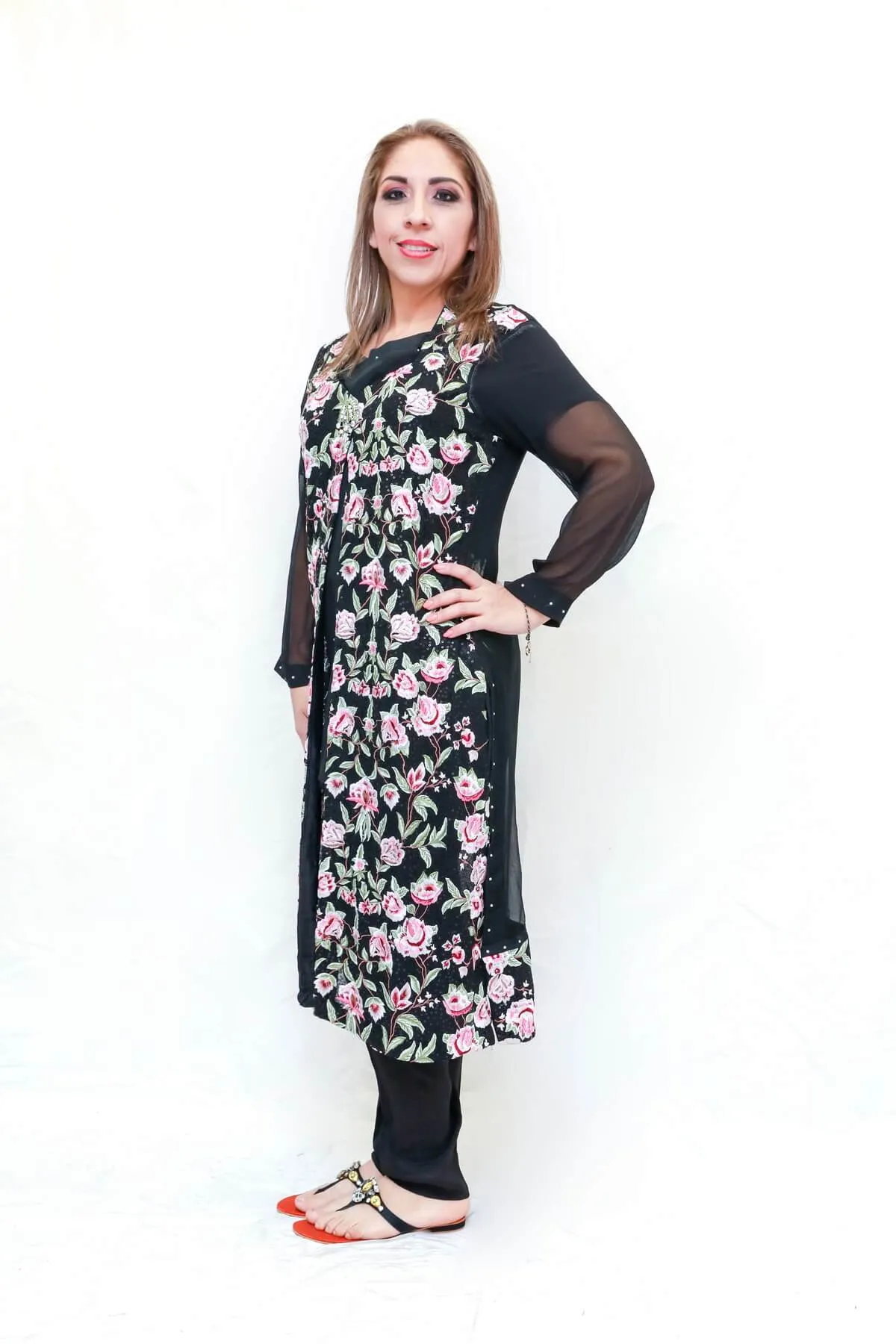 Black Floral Embroidered Chiffon Salwar Kameez - Suit