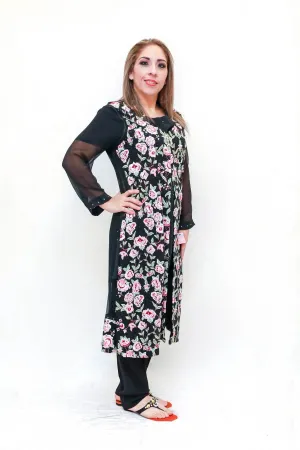 Black Floral Embroidered Chiffon Salwar Kameez - Suit
