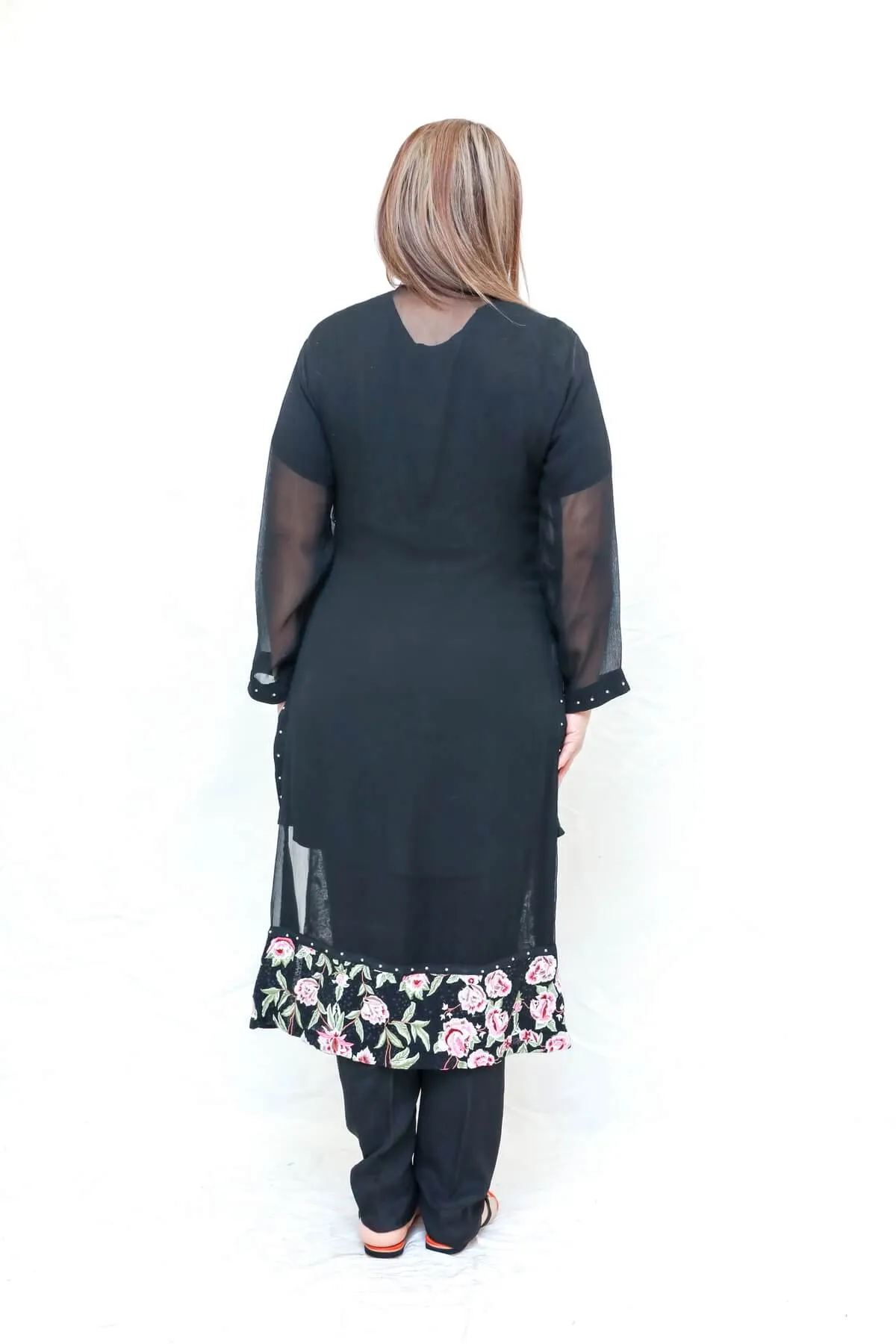 Black Floral Embroidered Chiffon Salwar Kameez - Suit