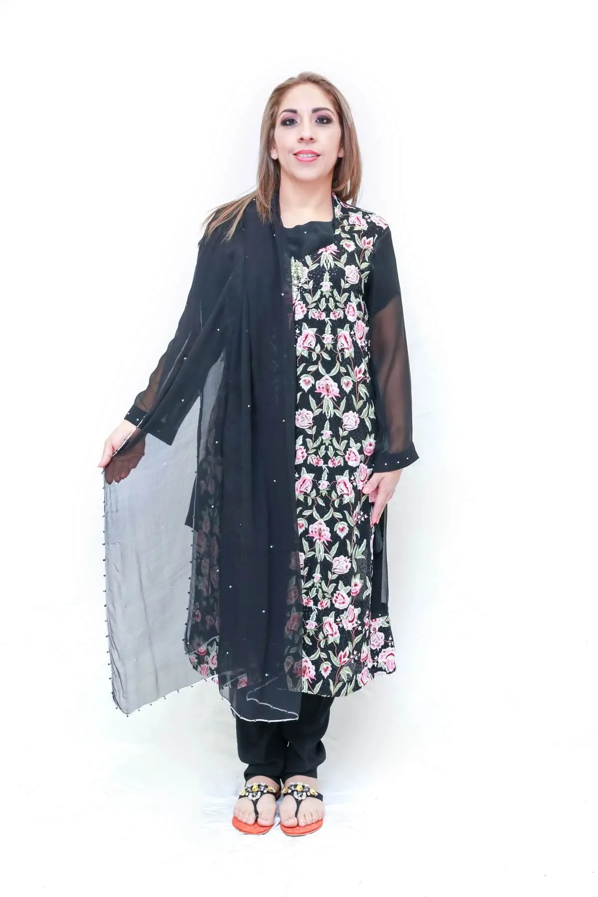 Black Floral Embroidered Chiffon Salwar Kameez - Suit